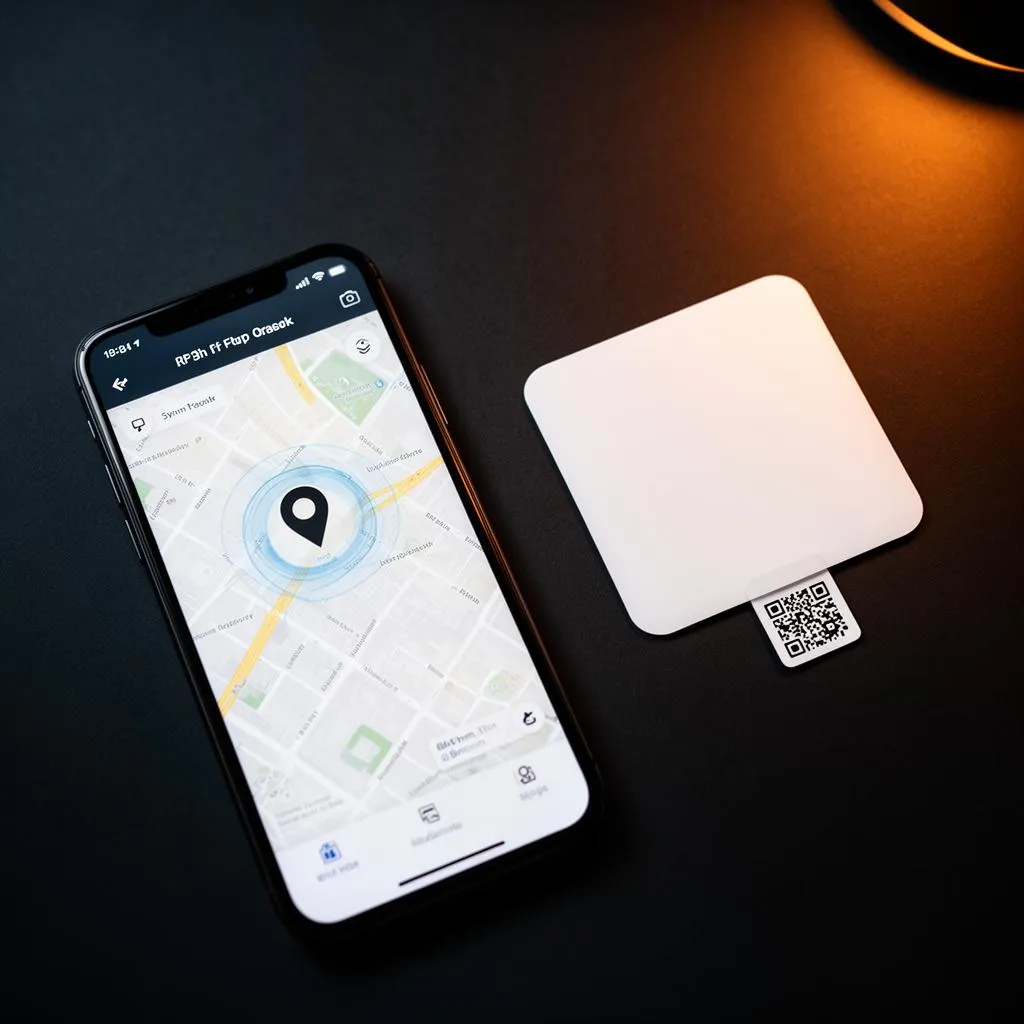 BLE-Ortungspflaster neben Smartphone mit Tracking-App