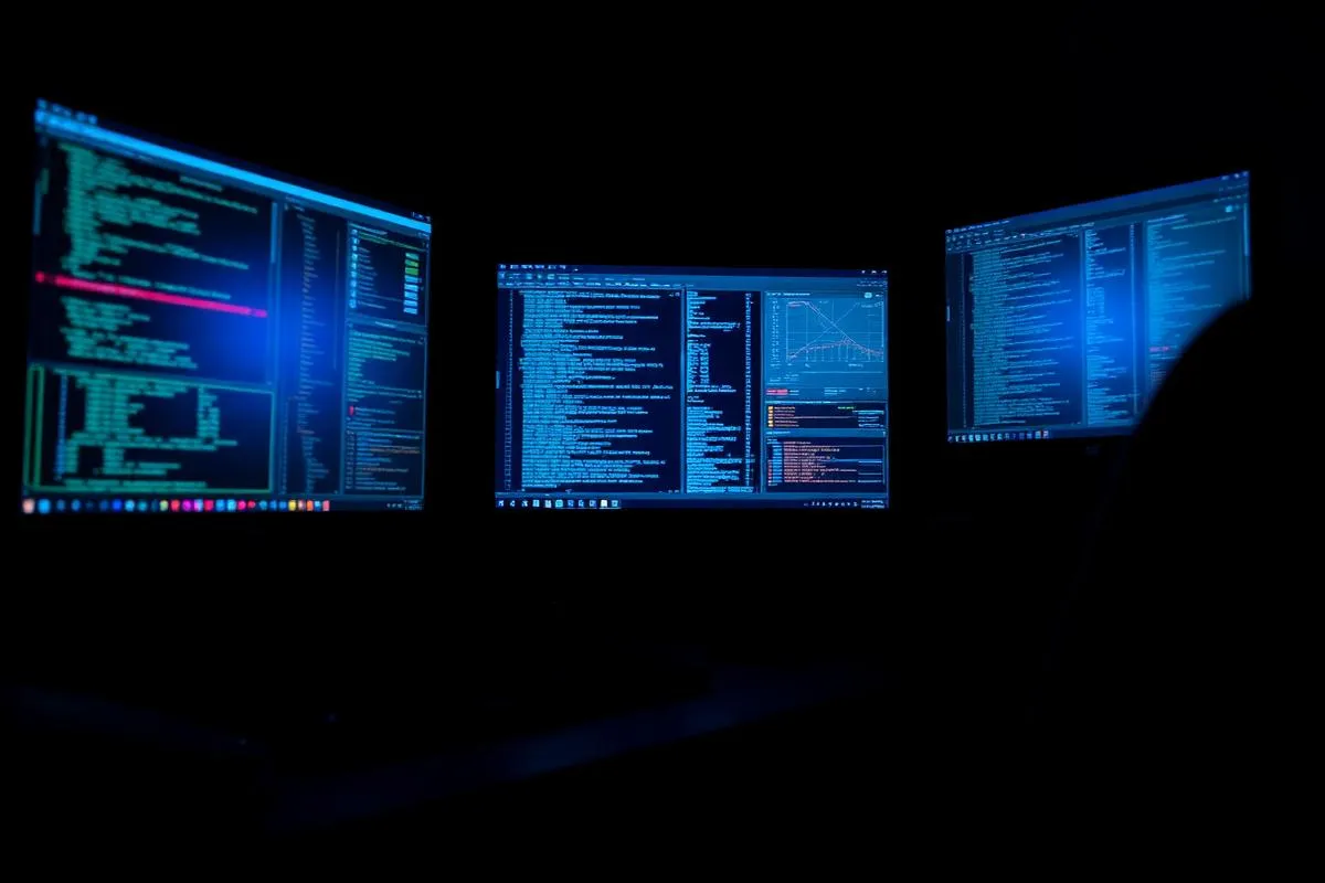 Drei blau beleuchtete Monitore mit Code und Diagrammen in einem dunklen Raum