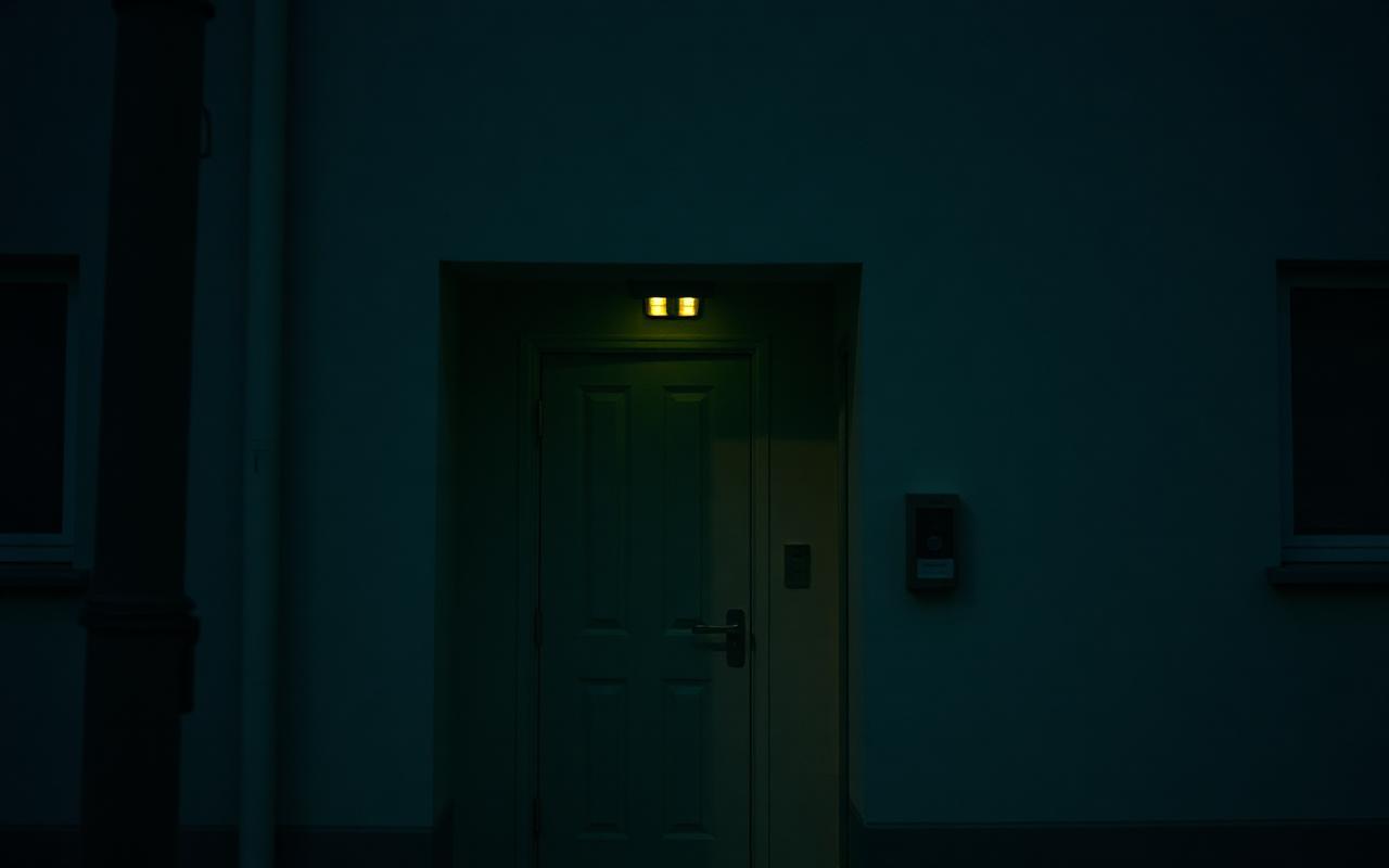 Verdächtige Person vor einem Gebäudeeingang bei Nacht